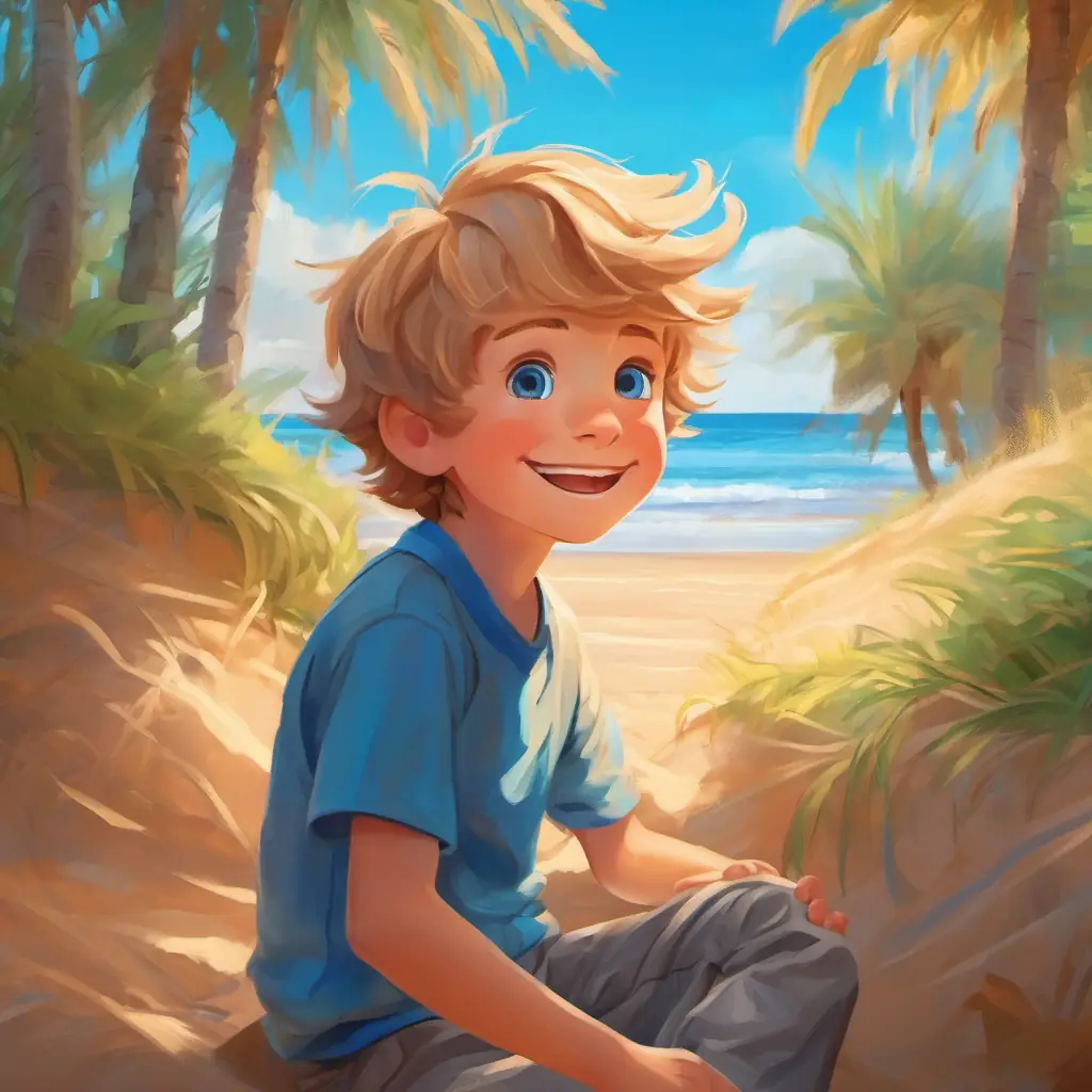 Happy playtime, Boy with sandy hair, blue eyes, 8 years old feeling a connection.