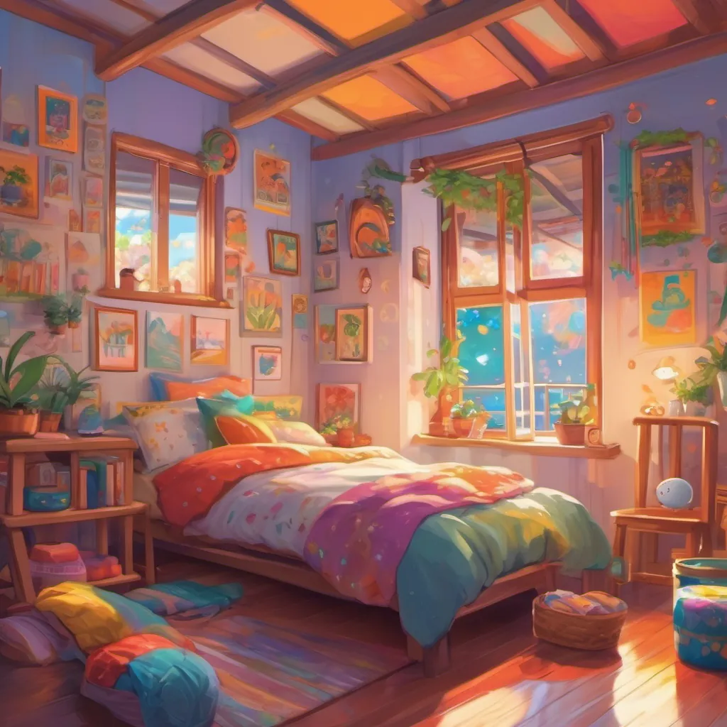 A cheerful girl with a twinkle in her eye waking up in a brightly decorated bedroom full of colorful posters.