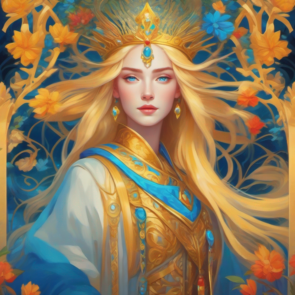 Meet Immortal queen with blue eyes, long golden hair, and kindness, the immortal queen with a dream, vibrant colors