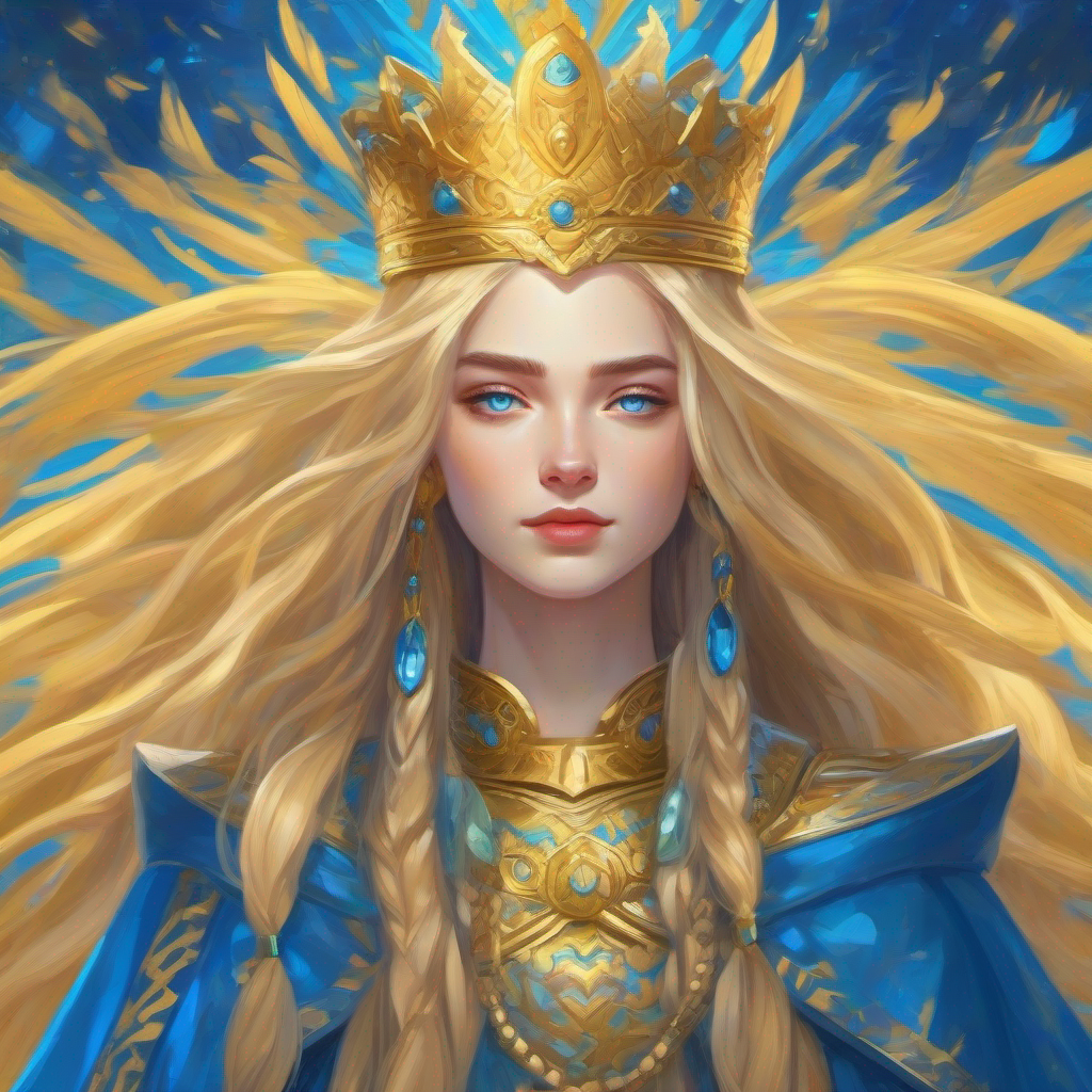 Immortal queen with blue eyes, long golden hair, and kindness is a beautiful queen who studies and loves her people, blue and gold