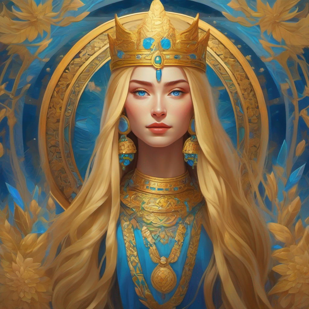 Immortal queen with blue eyes, long golden hair, and kindness travels and connects with people of different cultures and religions