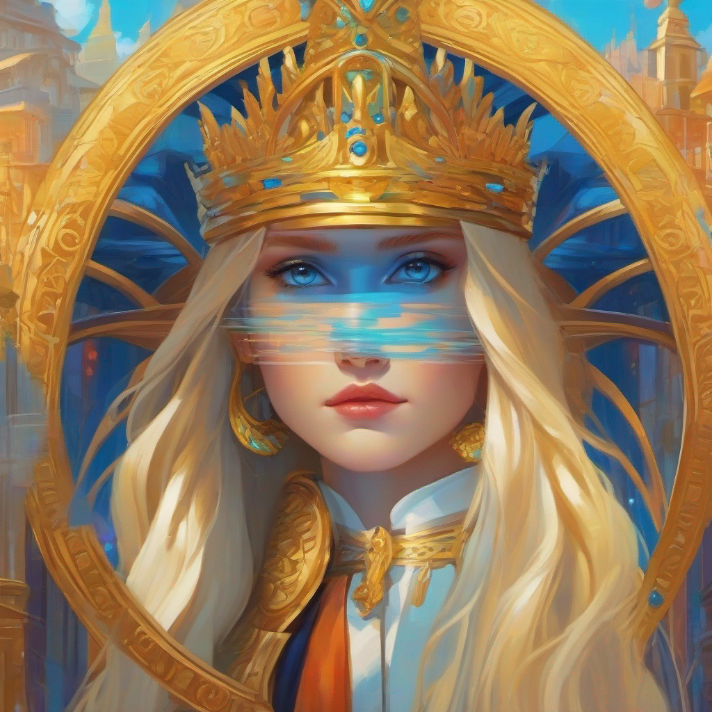 Immortal queen with blue eyes, long golden hair, and kindness's determination brings people together, colorful bridges