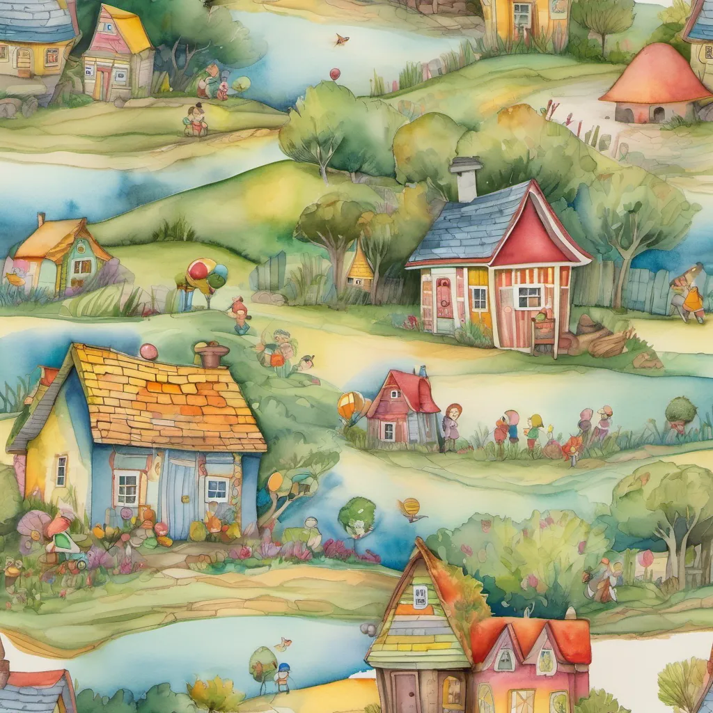 A whimsical, colorful landscape with a humble cottage surrounded by giggling, playful A diverse group of playful and energetic children, each with unique characteristics, dressed in bright, cheerful attire.