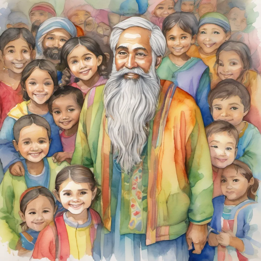 A wise, kind A wise and kind father with a beard, wearing simple but colorful clothing, exuding warmth and wisdom standing with a thoughtful expression as A diverse group of playful and energetic children, each with unique characteristics, dressed in bright, cheerful attire gather around him, eyes wide with curiosity.