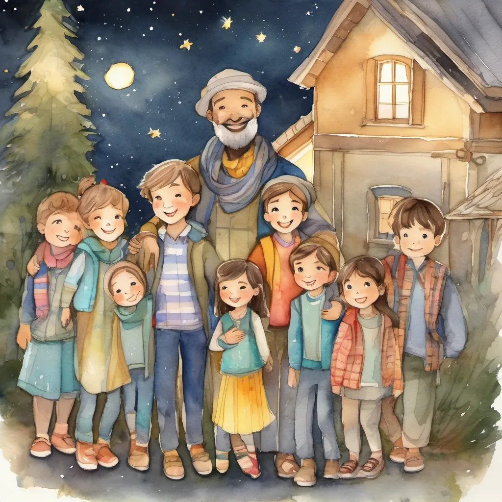 A night-time scene with a warm golden light coming from the cottage, A diverse group of playful and energetic children, each with unique characteristics, dressed in bright, cheerful attire hugging their A wise and kind father with a beard, wearing simple but colorful clothing, exuding warmth and wisdom under the starry sky.