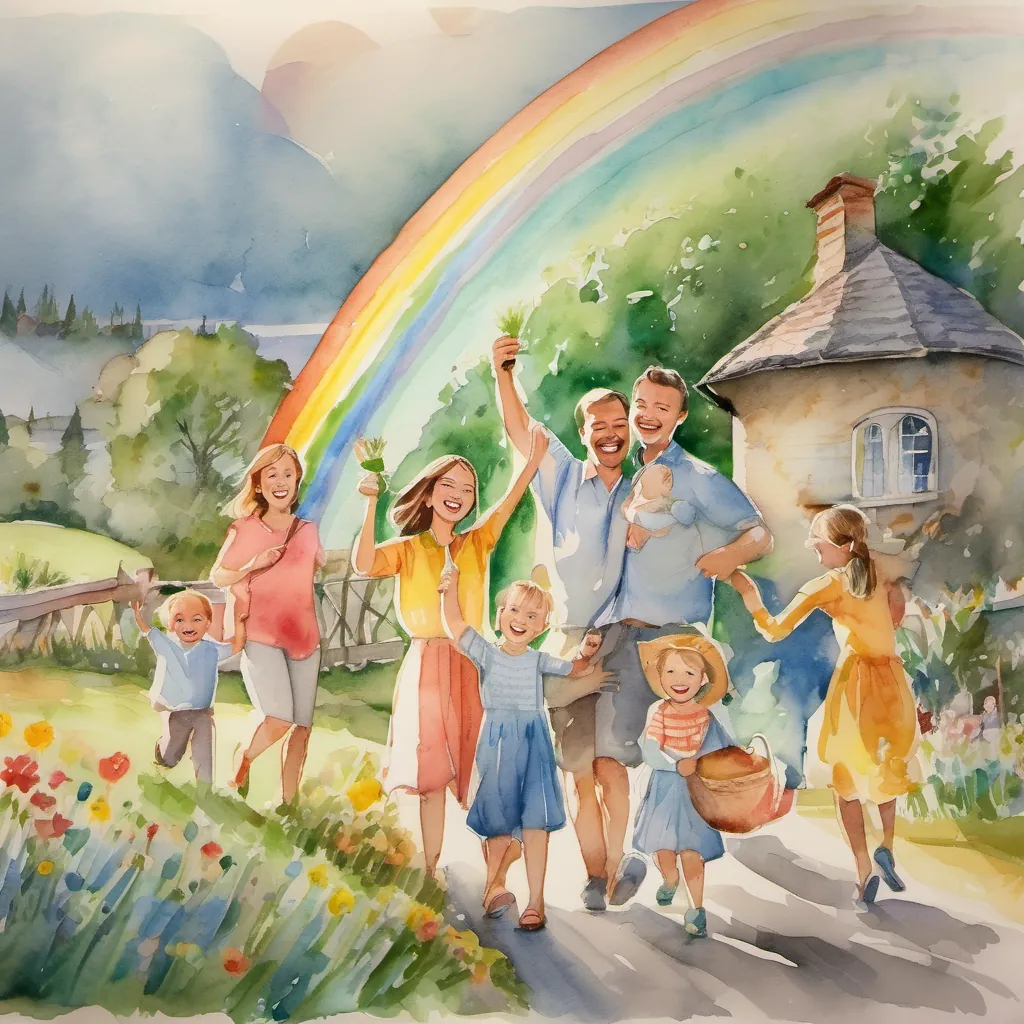 The family joyfully celebrating together under a rainbow, the countryside bright and cheerful.