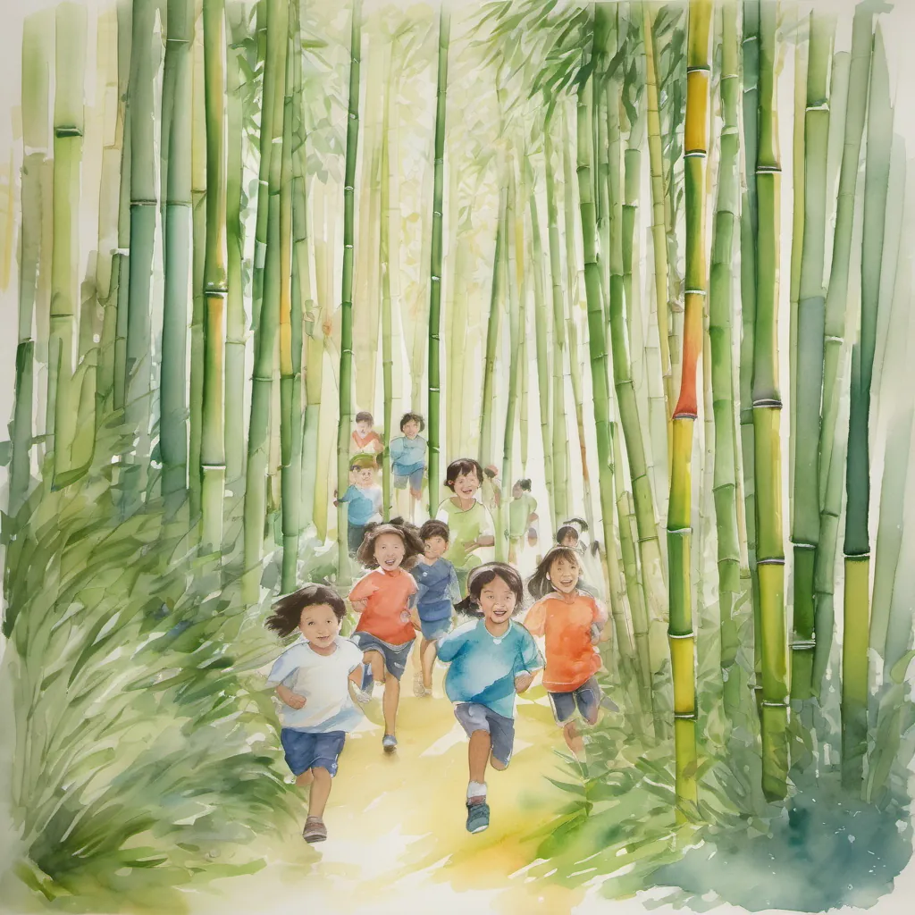 Children running energetically through a vibrant forest filled with tall bamboo sticks.