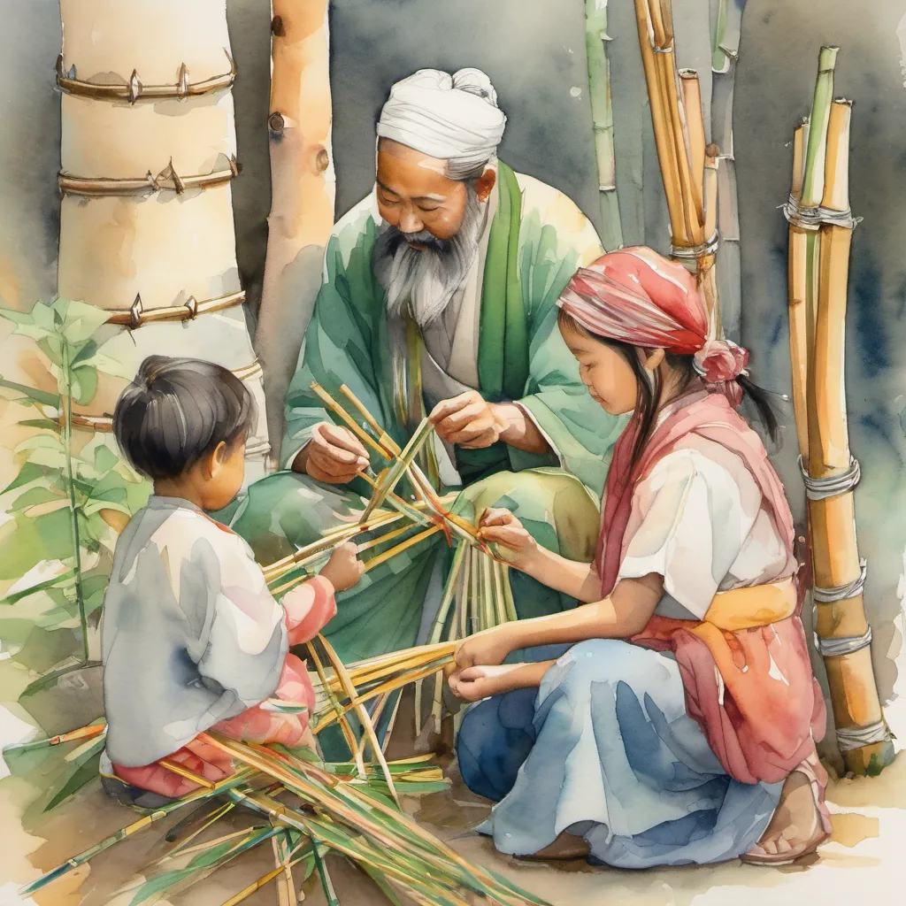 Children carefully tying bright ribbons around a bundle of bamboo sticks under their A wise and kind father with a beard, wearing simple but colorful clothing, exuding warmth and wisdom's warm supervision.