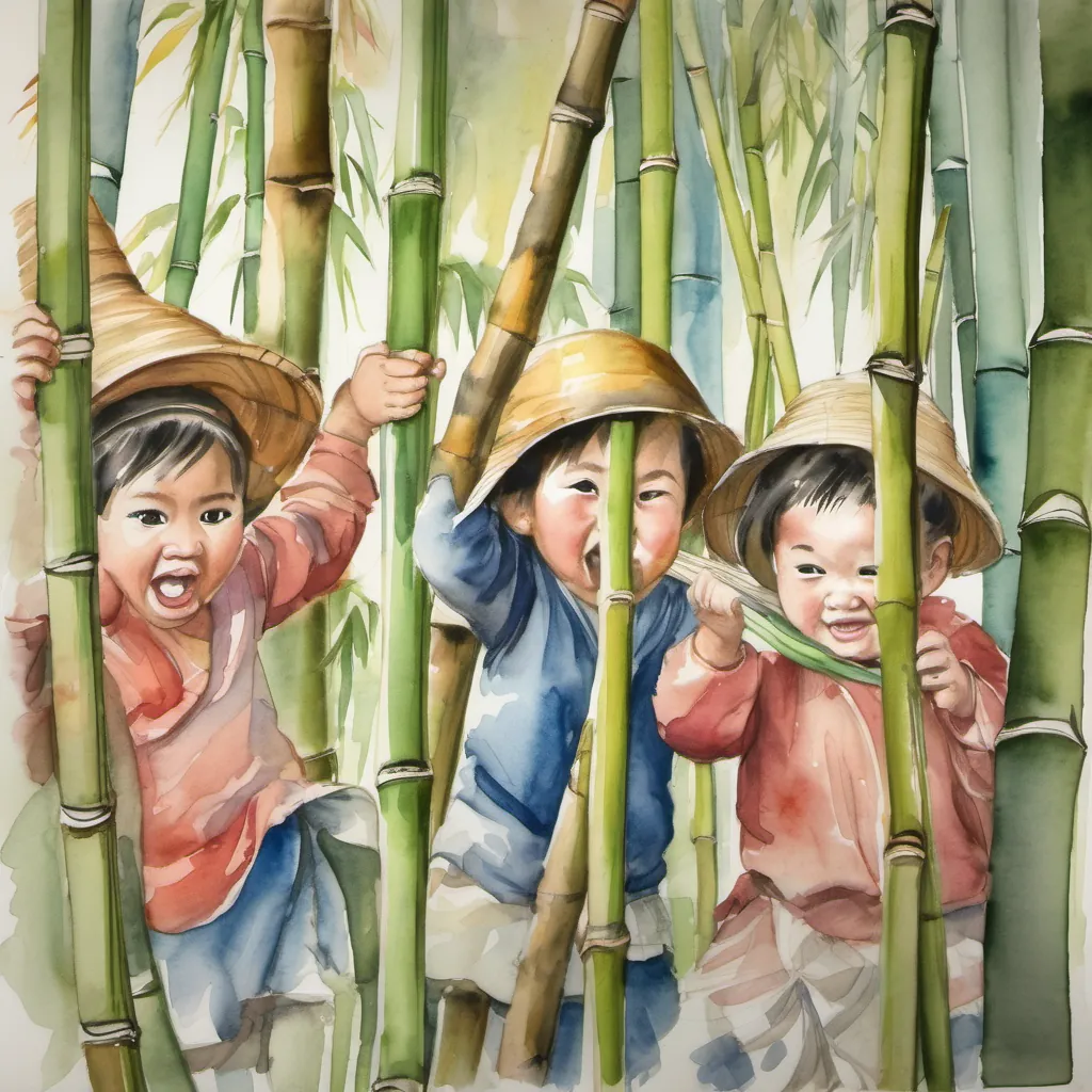 Children struggling humorously to break the tightly bundled bamboo sticks, their faces full of comical determination.