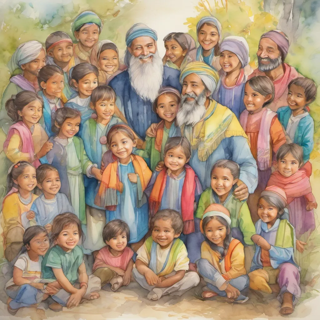 The A wise and kind father with a beard, wearing simple but colorful clothing, exuding warmth and wisdom warmly embracing his A diverse group of playful and energetic children, each with unique characteristics, dressed in bright, cheerful attire, who listen intently, the broken sticks and bundle laying around them.