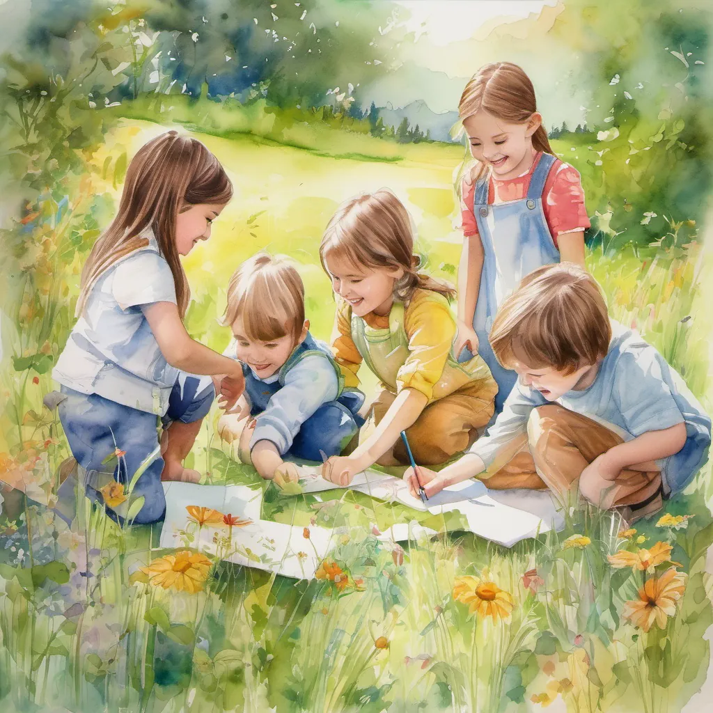 Children working together harmoniously on various tasks, sharing smiles and laughter in a vibrant, sunny meadow.