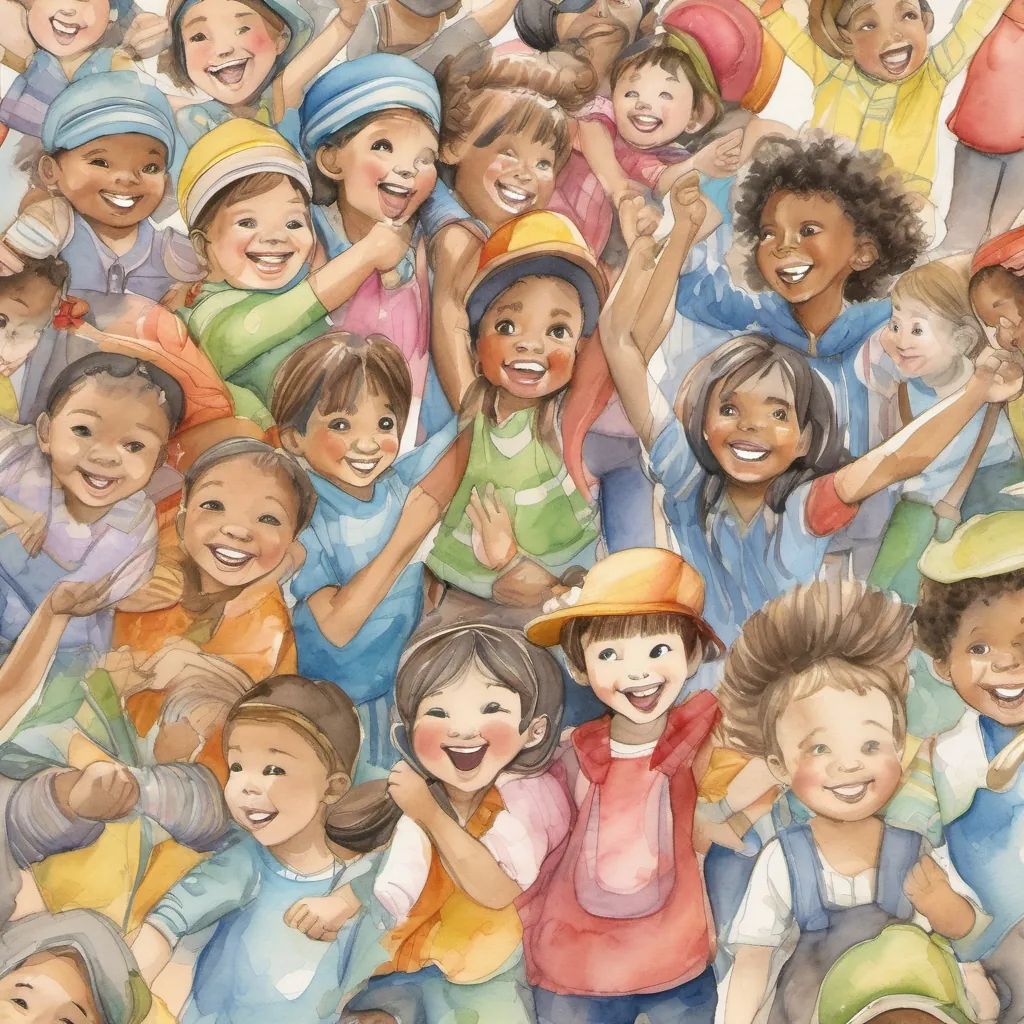 A picturesque scene with A diverse group of playful and energetic children, each with unique characteristics, dressed in bright, cheerful attire, friends, and family members hugging and supporting each other joyfully.