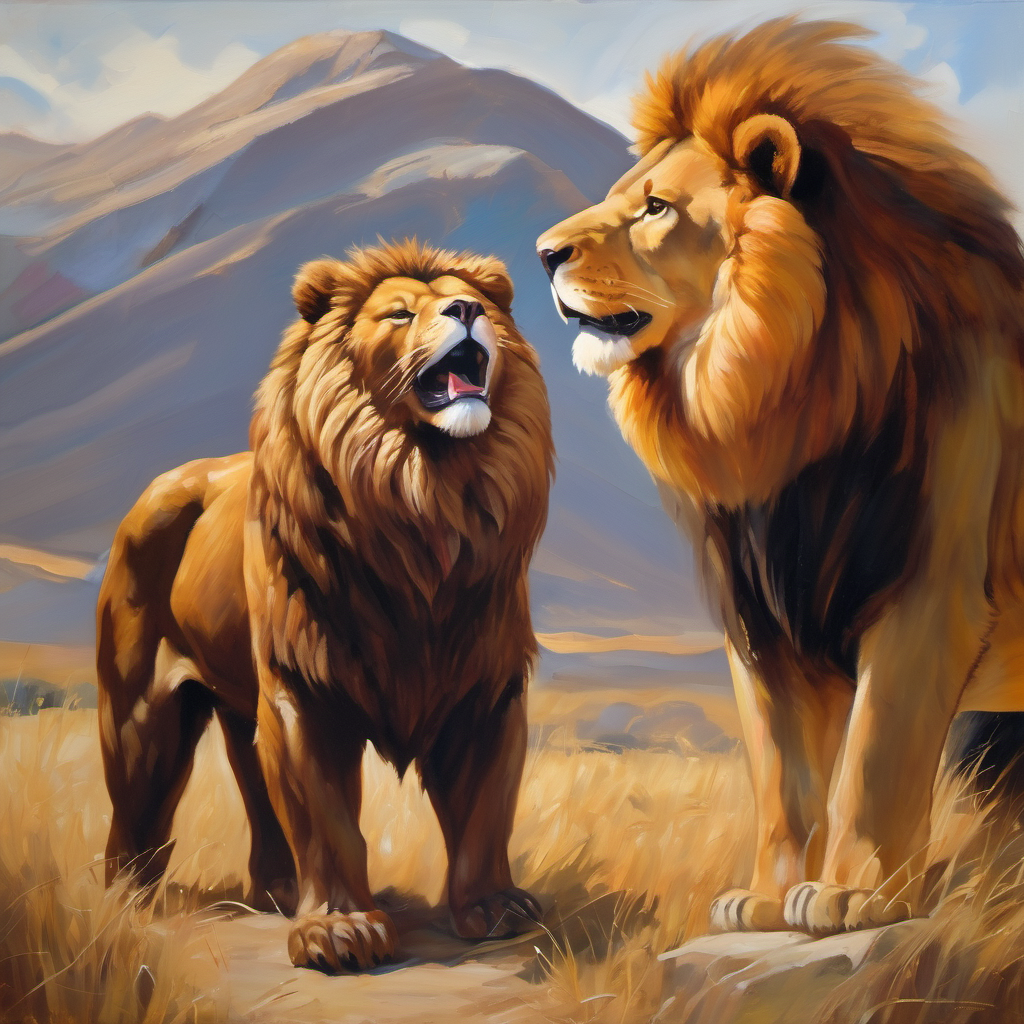 Soft and cuddly brown teddy bear with a smiling face bear standing next to a big lion named Big and majestic lion with golden fur and a loud roar, looking hopeful