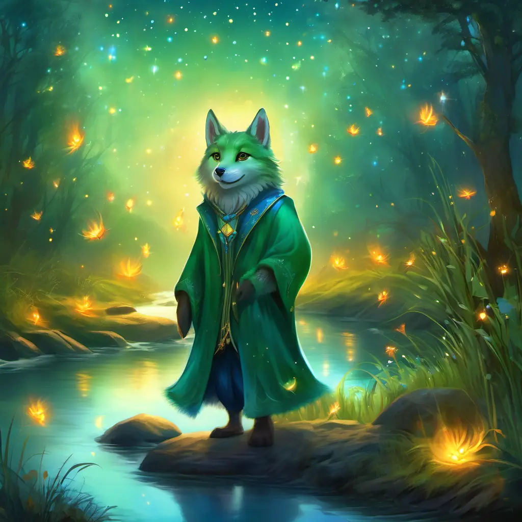 Green fur, big orange eyes, mischievous grin and Shimmering blue coat, twinkling silver eyes talk near a sparkling stream with fireflies dancing in the evening sky.