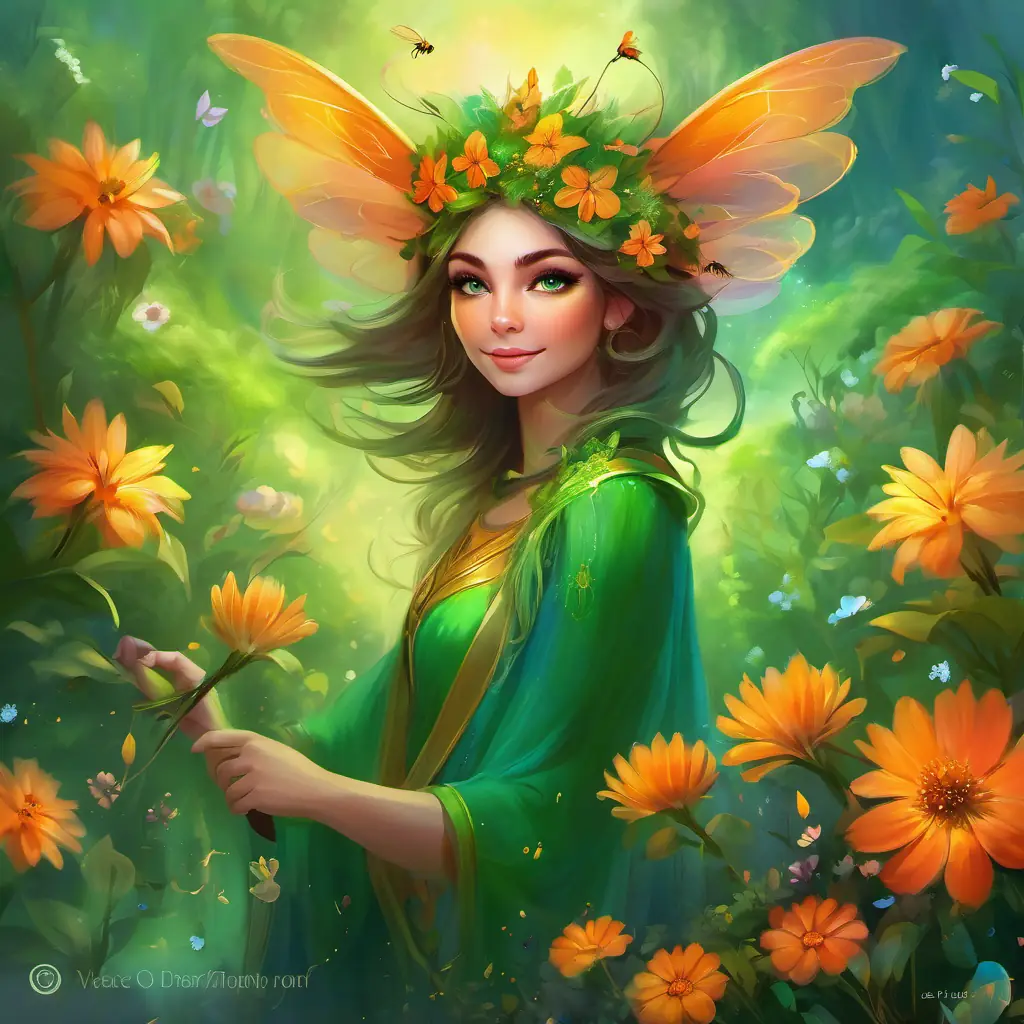 Green fur, big orange eyes, mischievous grin is in a clearing, surrounded by colorful flowers, tapping her twig in rhythm with the buzzing of bees.