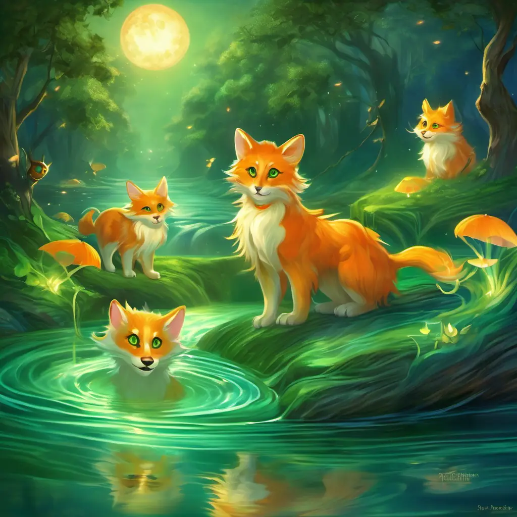 Green fur, big orange eyes, mischievous grin and her friends stand by a bubbling river, each one preparing to make a leap over the water. The moonlight reflects off the rippling waves.