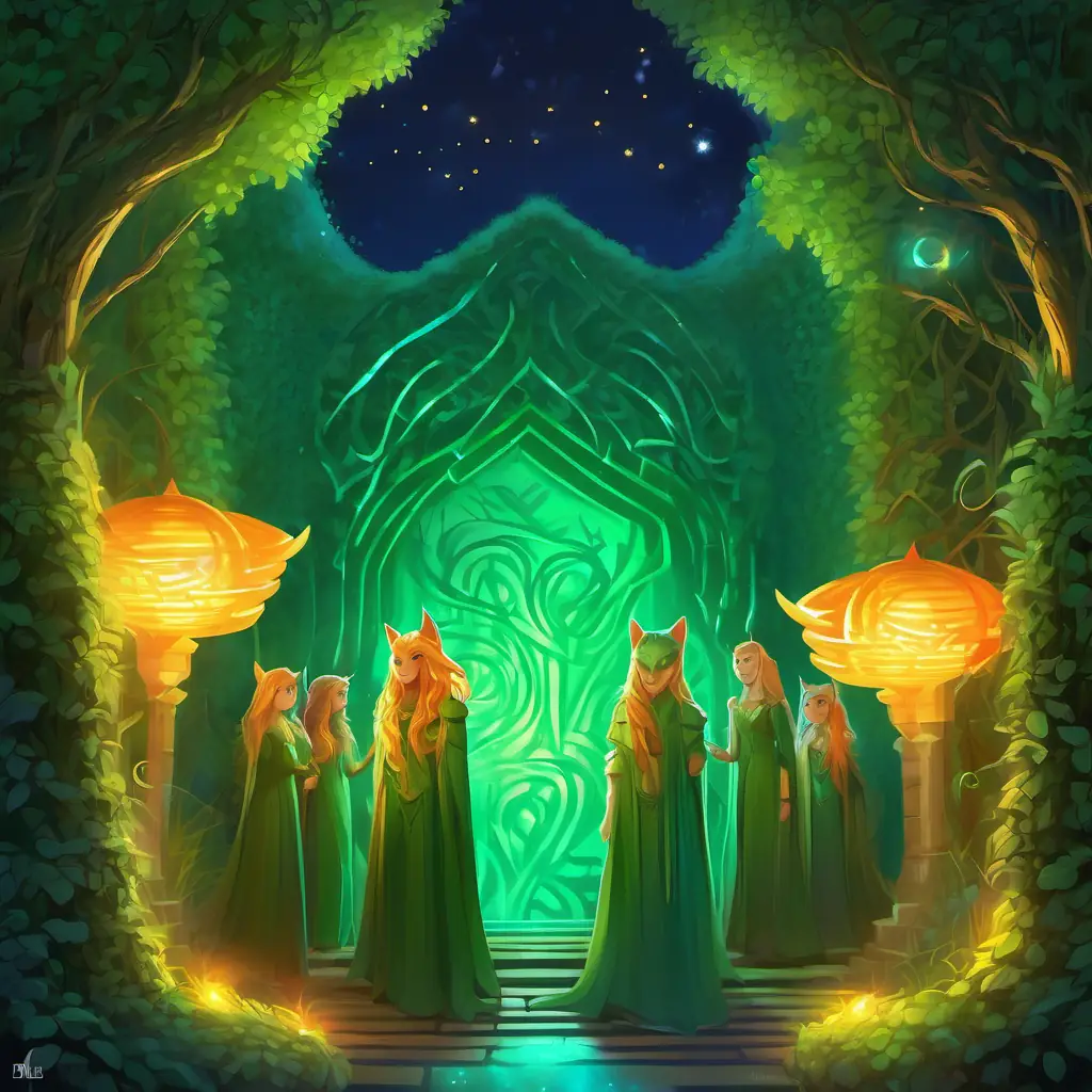 Green fur, big orange eyes, mischievous grin and her friends stand at the entrance of a maze made of glowing hedges. The colorful lights shine against the dark backdrop of the night.