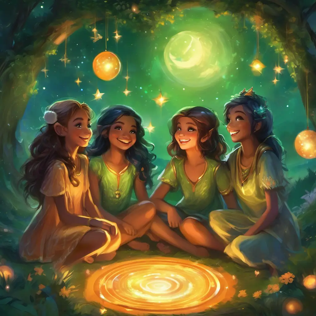 Green fur, big orange eyes, mischievous grin and her friends sit in a circle, under the twinkling stars, laughing and enjoying the satisfaction of accomplishment.