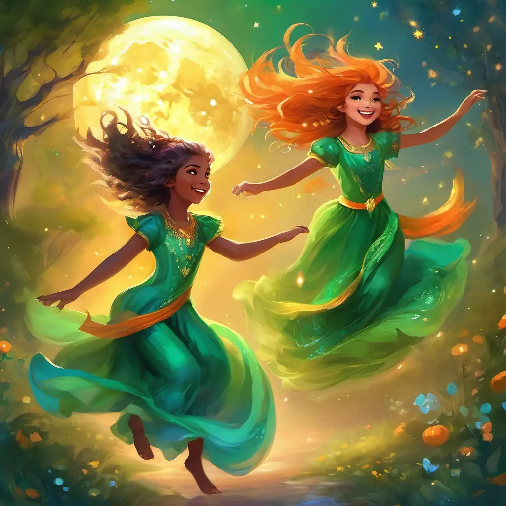 Green fur, big orange eyes, mischievous grin and her friends jump and twirl in a joyful dance, surrounded by the magical glow of the moon.