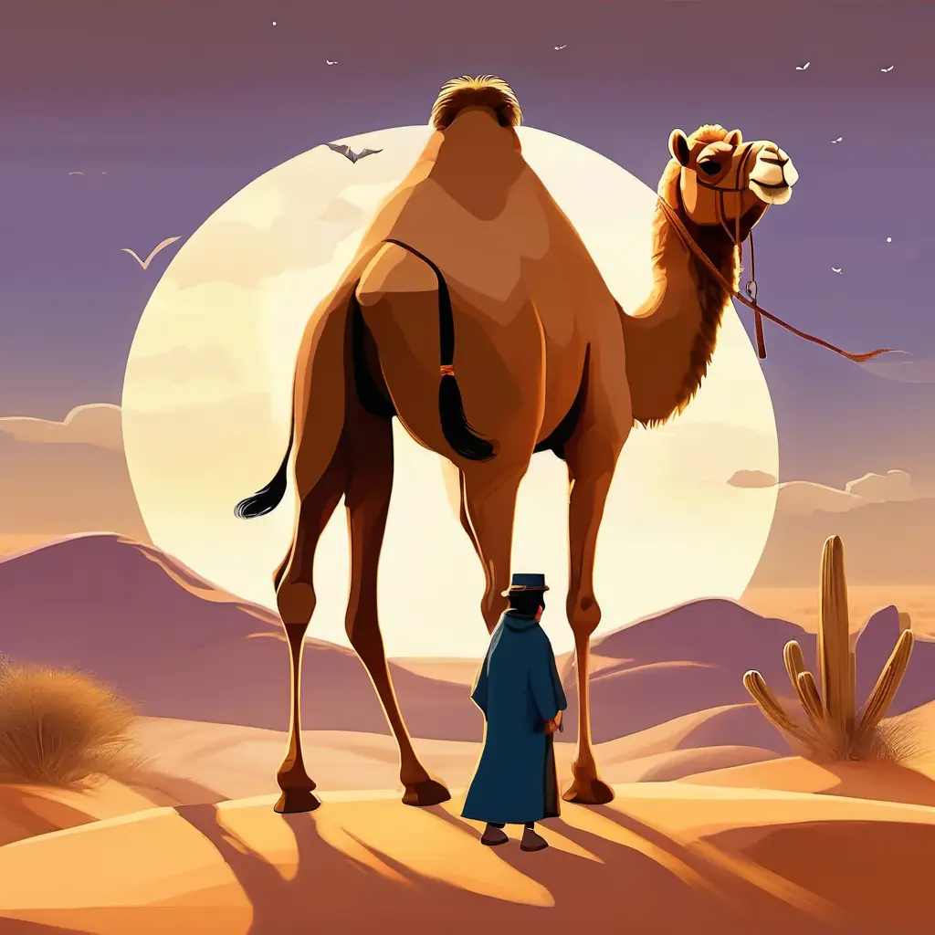 The story introduces camel with a hump, sandy colored fur, brown eyes, a camel with a hump, in a desert land.