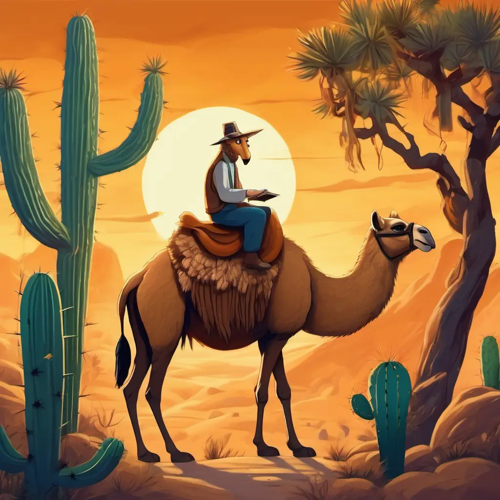 camel with a hump, sandy colored fur, brown eyes meets the wise old owl in a cactus tree and learns about his long neck.