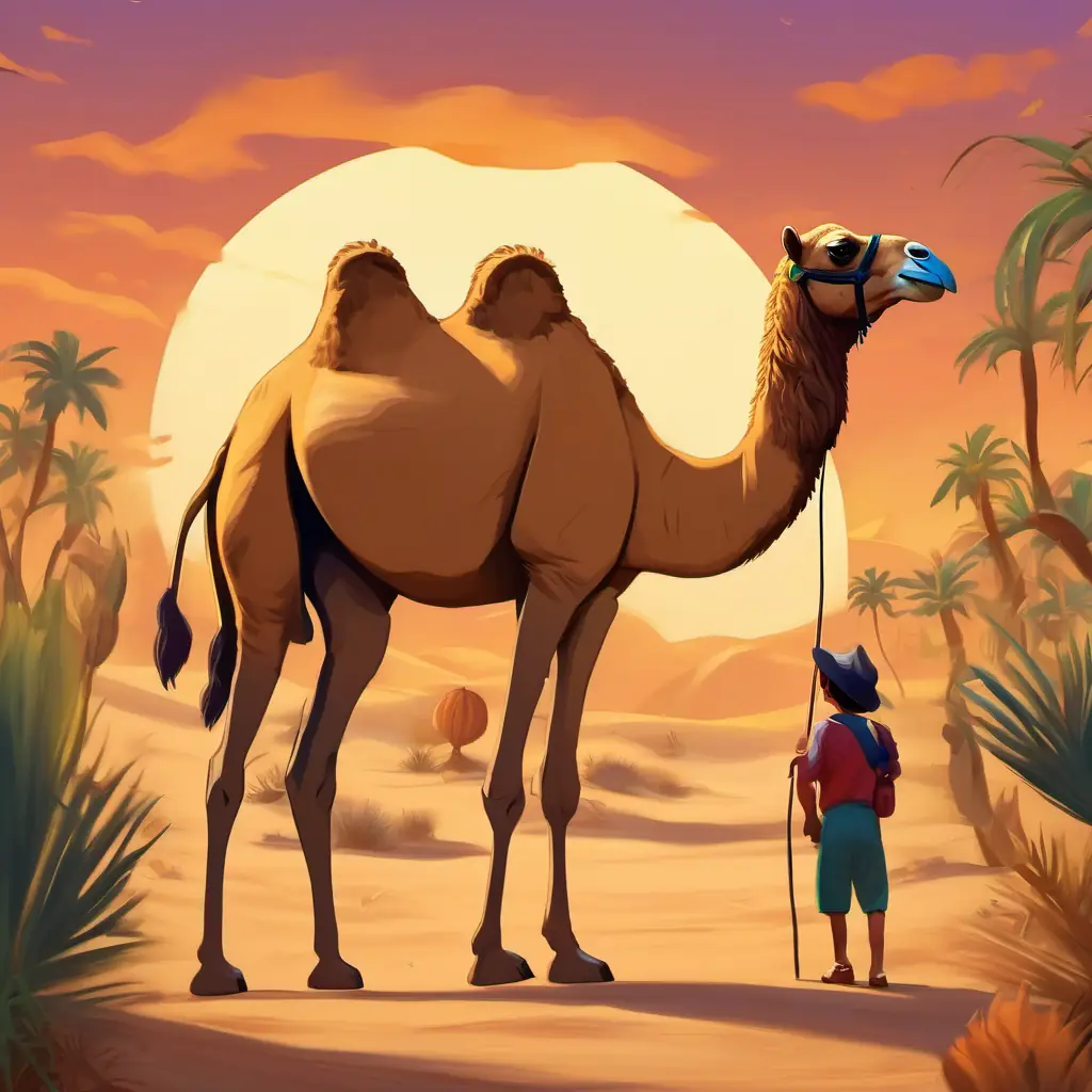 camel with a hump, sandy colored fur, brown eyes meets the chatty parrot at the oasis and learns about his big eyes.