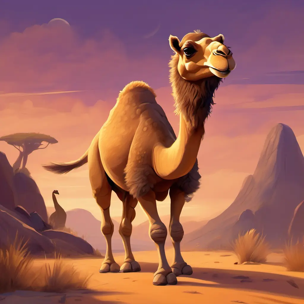 camel with a hump, sandy colored fur, brown eyes meets the friendly lizard and learns about his strong legs.