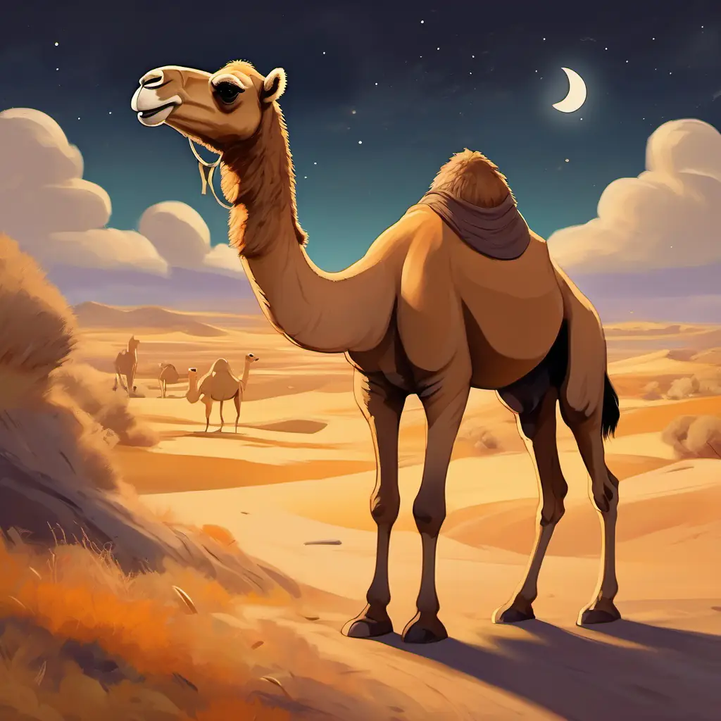 camel with a hump, sandy colored fur, brown eyes returns to his friends and shares his newfound knowledge, embracing his unique body.