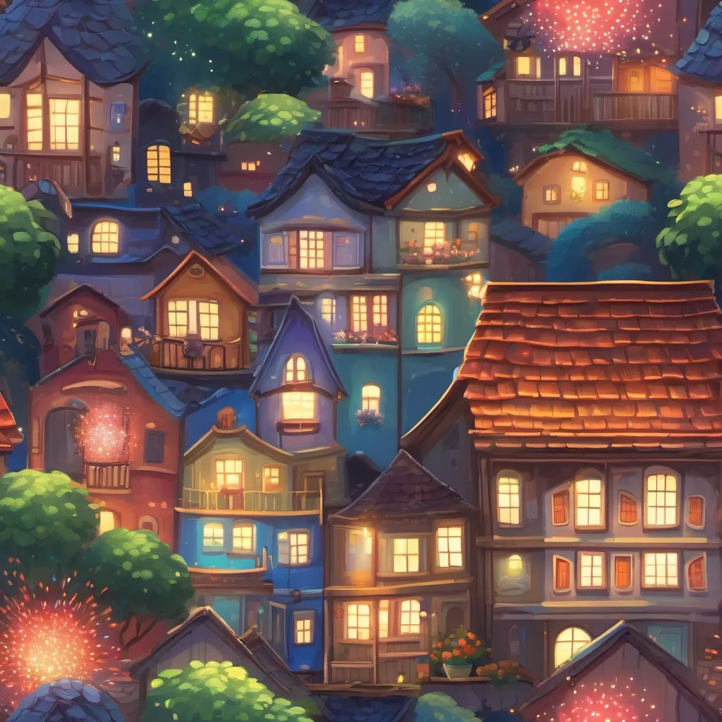 A small, colorful firework with a cheerful expression in a quaint town setting under the night sky.