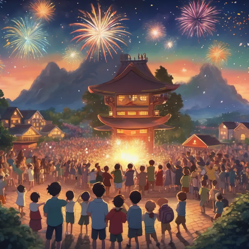 A night sky filled with fireworks displaying BANG, POP, and WHIZZ sounds, with children cheering and clapping below.