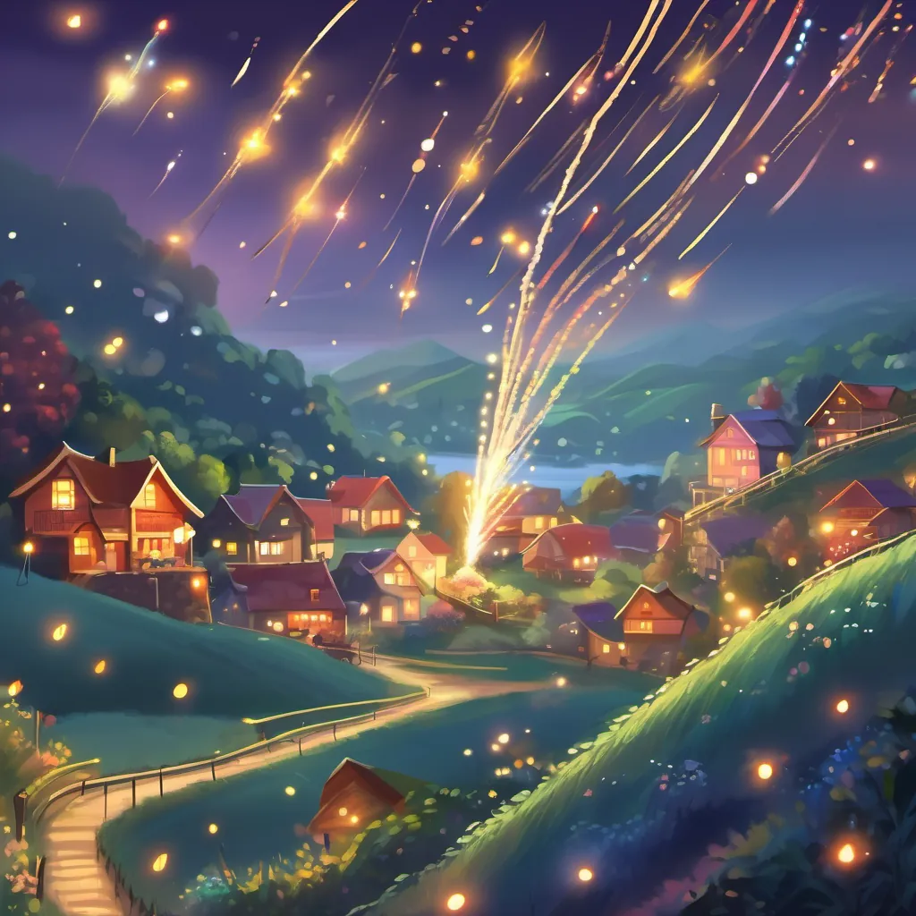A peaceful scene of A small, colorful, and cheerful firework with bright sparks and expressions that convey joy and excitement gently floating back to the hill, with the night sky calm and serene.