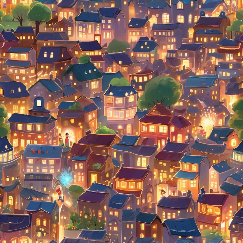 A happy, glowing town with people smiling, and A small, colorful, and cheerful firework with bright sparks and expressions that convey joy and excitement in the background, promising another future display.