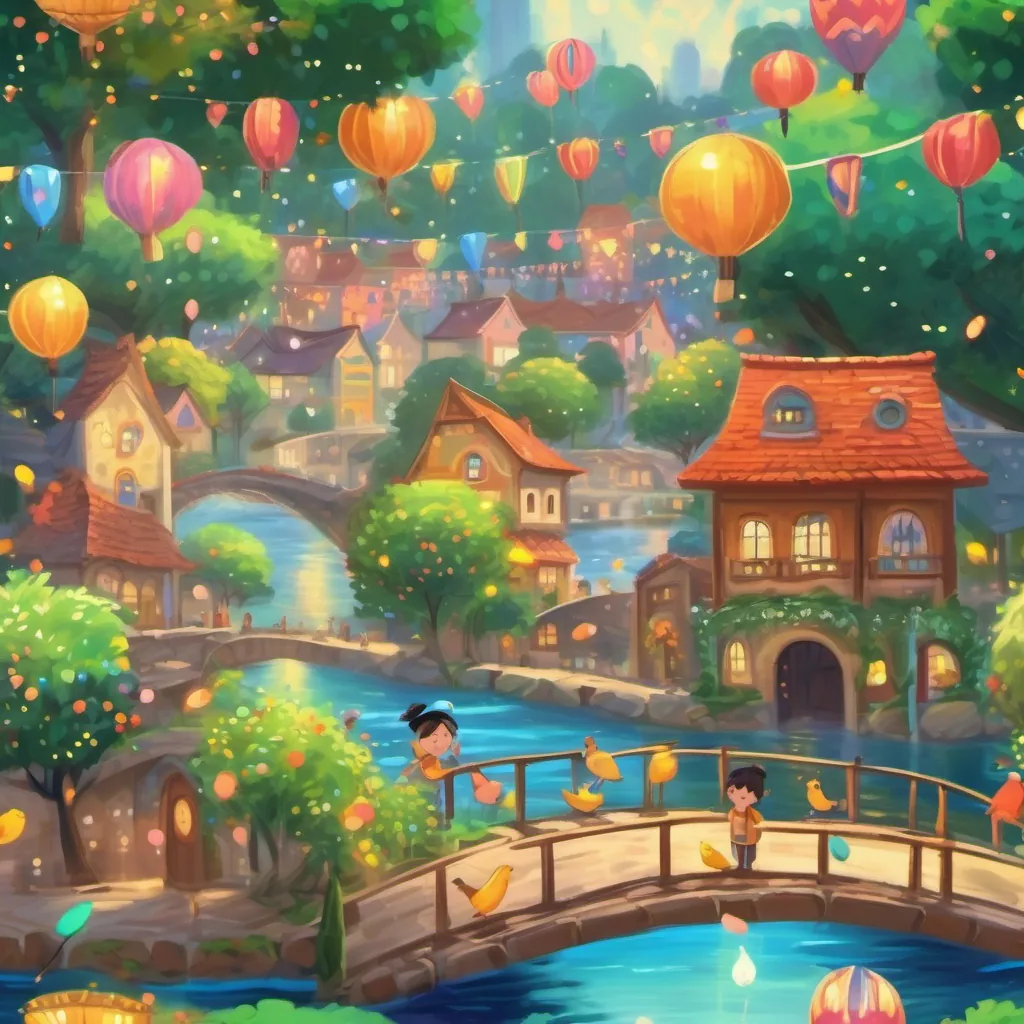 A picturesque market, birds singing on trees, and a babbling brook, with A small, colorful, and cheerful firework with bright sparks and expressions that convey joy and excitement hopping along, humming.