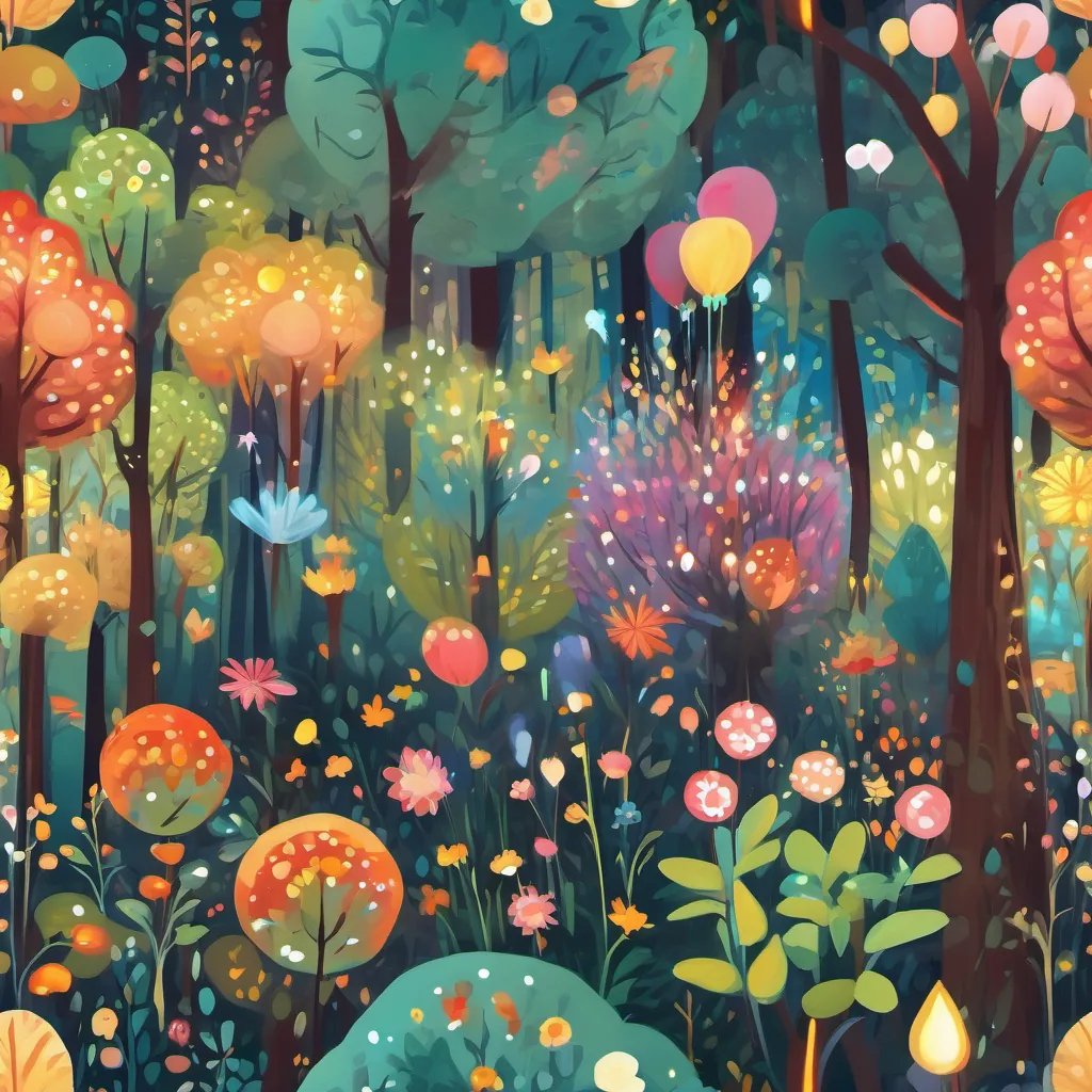 A whimsical forest with talking trees and giggling flowers, with A small, colorful, and cheerful firework with bright sparks and expressions that convey joy and excitement hopping and singing.