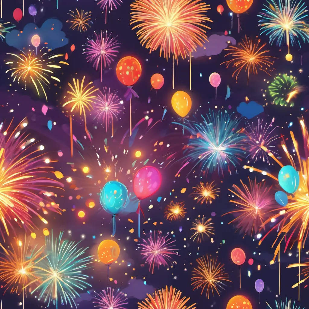 A small, colorful, and cheerful firework with bright sparks and expressions that convey joy and excitement launching into the sky with a crackle and snap, surrounded by vibrant fireworks colors.