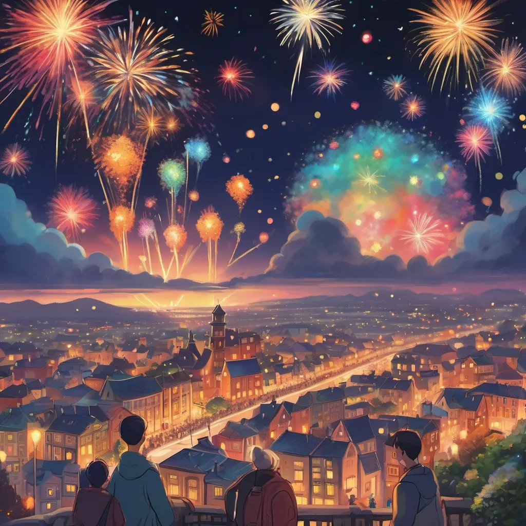 A night sky filled with colorful firework bursts, with people watching in awe from the town below.