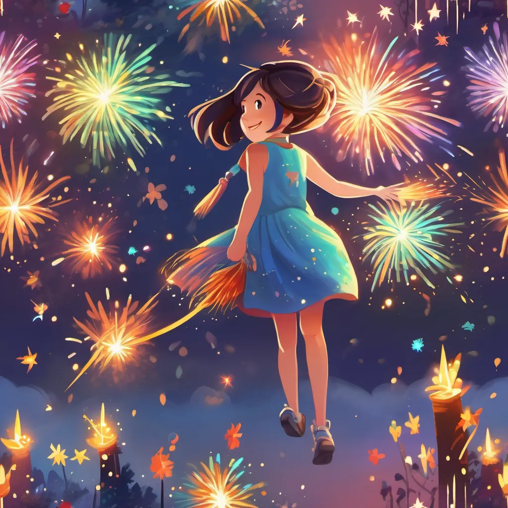 A firework dancing joyfully in the night sky like a star, with colorful sparks around her.