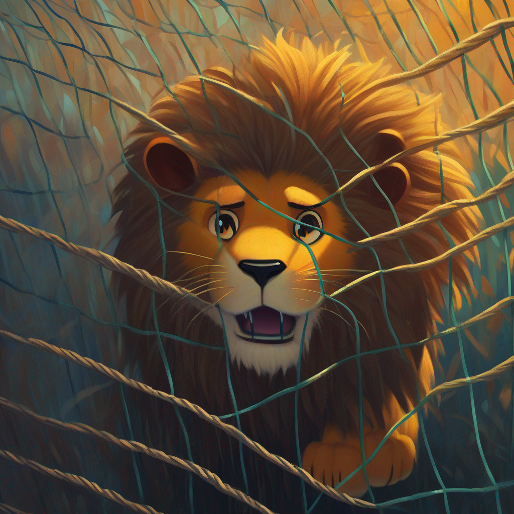 Lion trapped in net, struggling, feeling sad