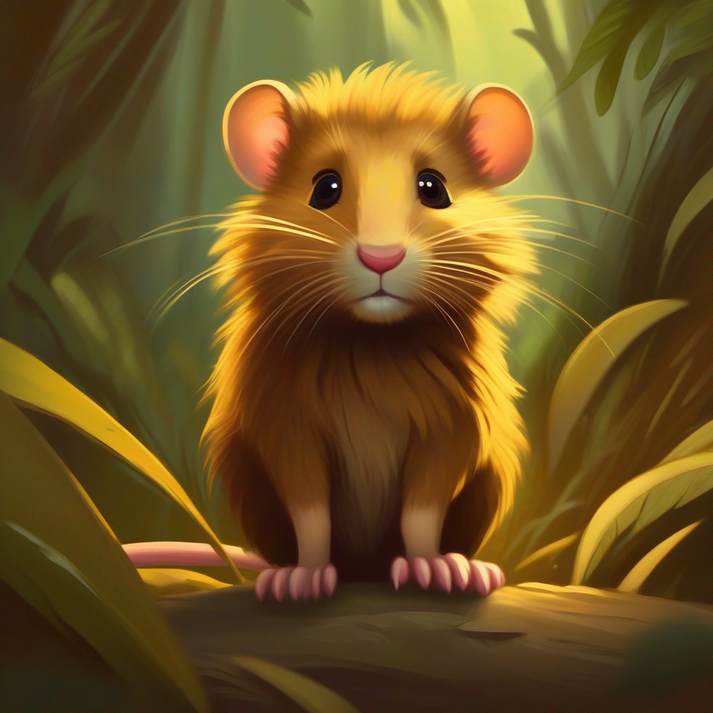 Small Small rat, brown fur, kind heart, ready to help, brown fur, kind heart, seeing Lion in the jungle, golden fur, big and strong in distress