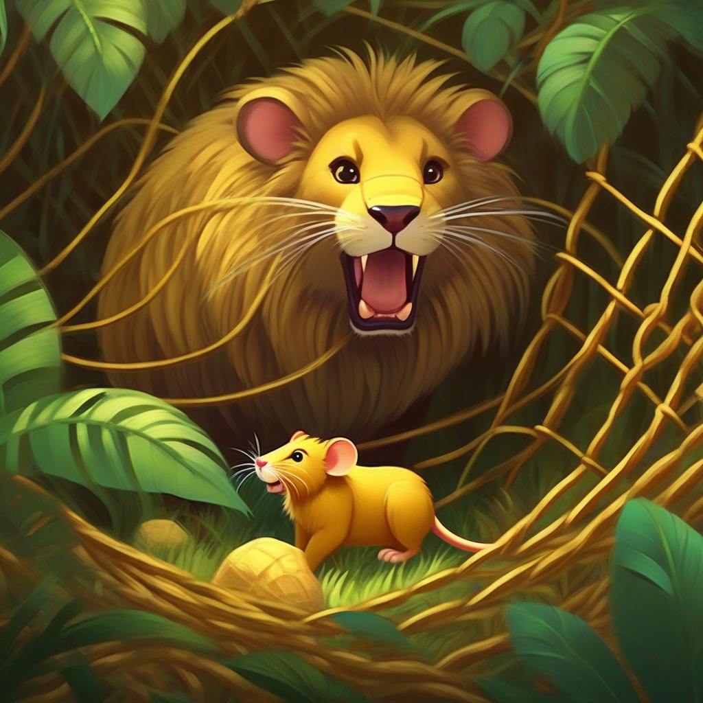 Rat chewing net, setting Lion in the jungle, golden fur, big and strong free, feeling proud