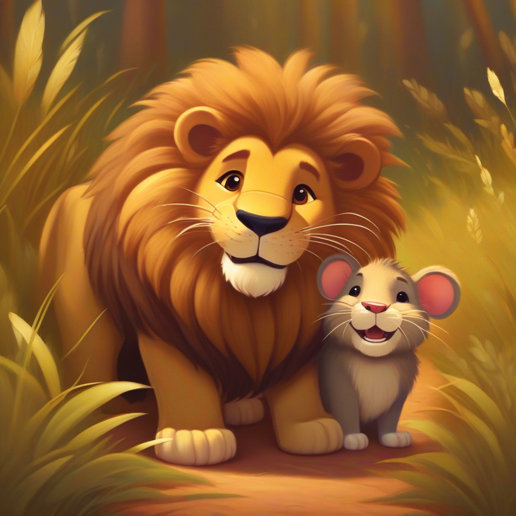 Lion and Small rat, brown fur, kind heart, ready to help together, smiling, loyal friends forever