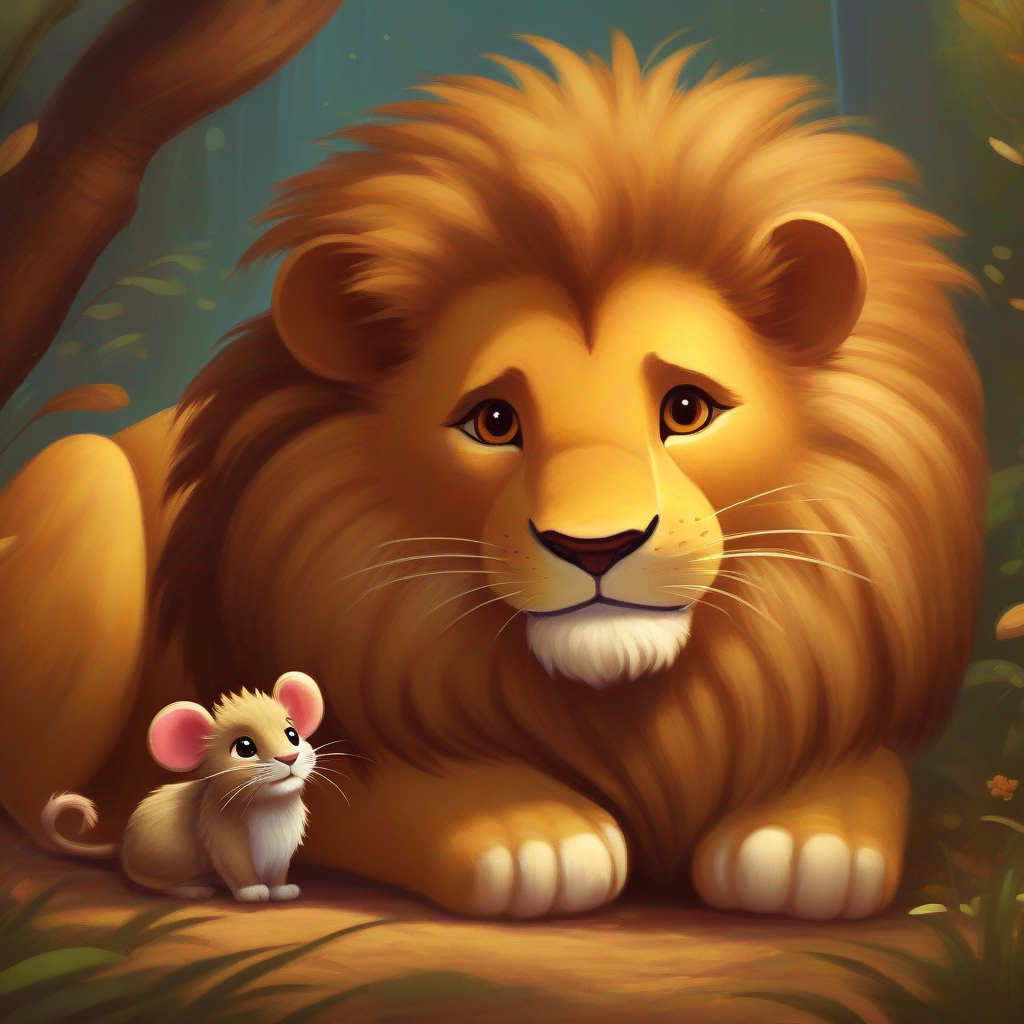 Lion and Small rat, brown fur, kind heart, ready to help chatting, playing, having fun