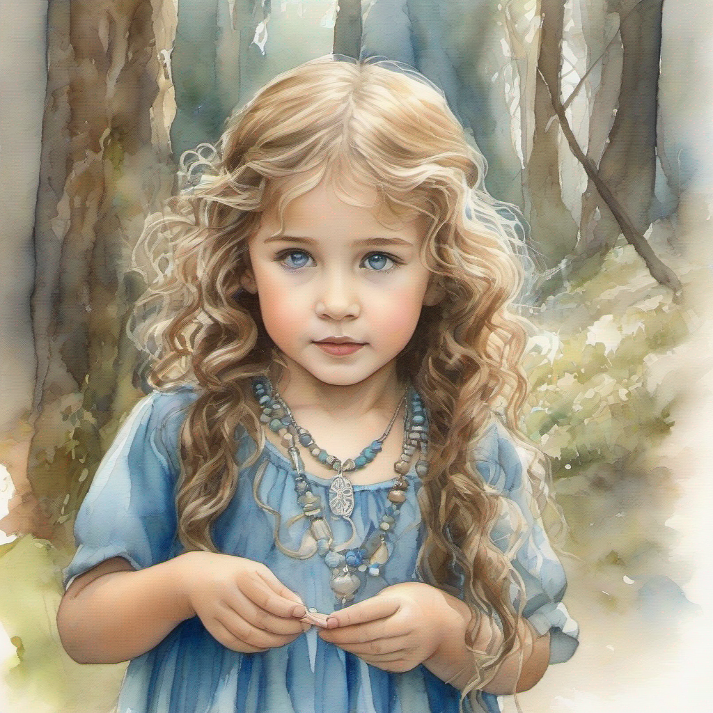 A little girl with blue eyes and curly brown hair finding the necklace and seeking out The village elder, wise and kind.