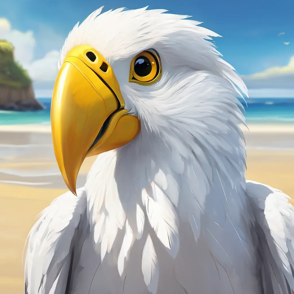 Yellow beak, white feathers, with a yellow beak and white feathers, standing on a sandy beach