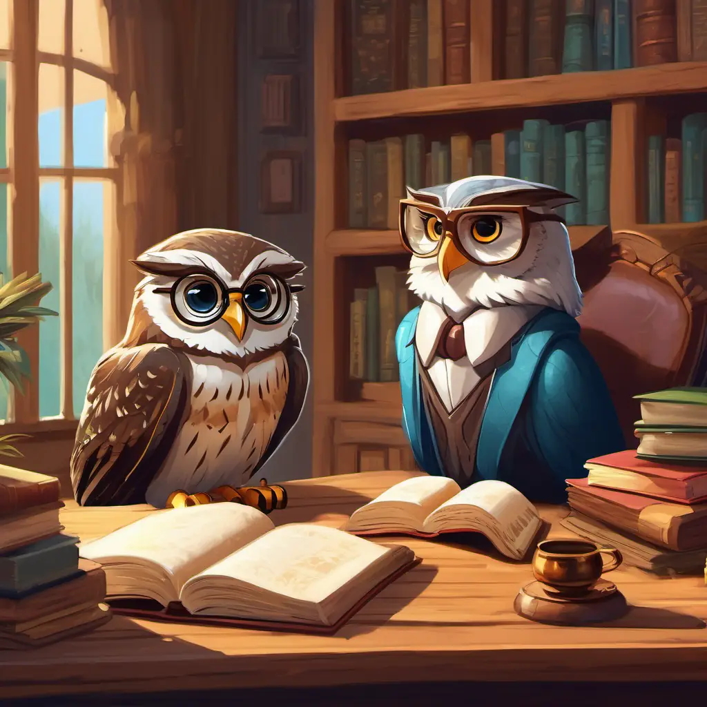 Percy talking to Ms. Wise Owl, a wise old owl with big glasses sitting at a wooden desk with books