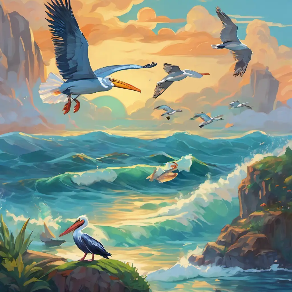 Percy and his pelican friends flying over the ocean with fish in their beaks