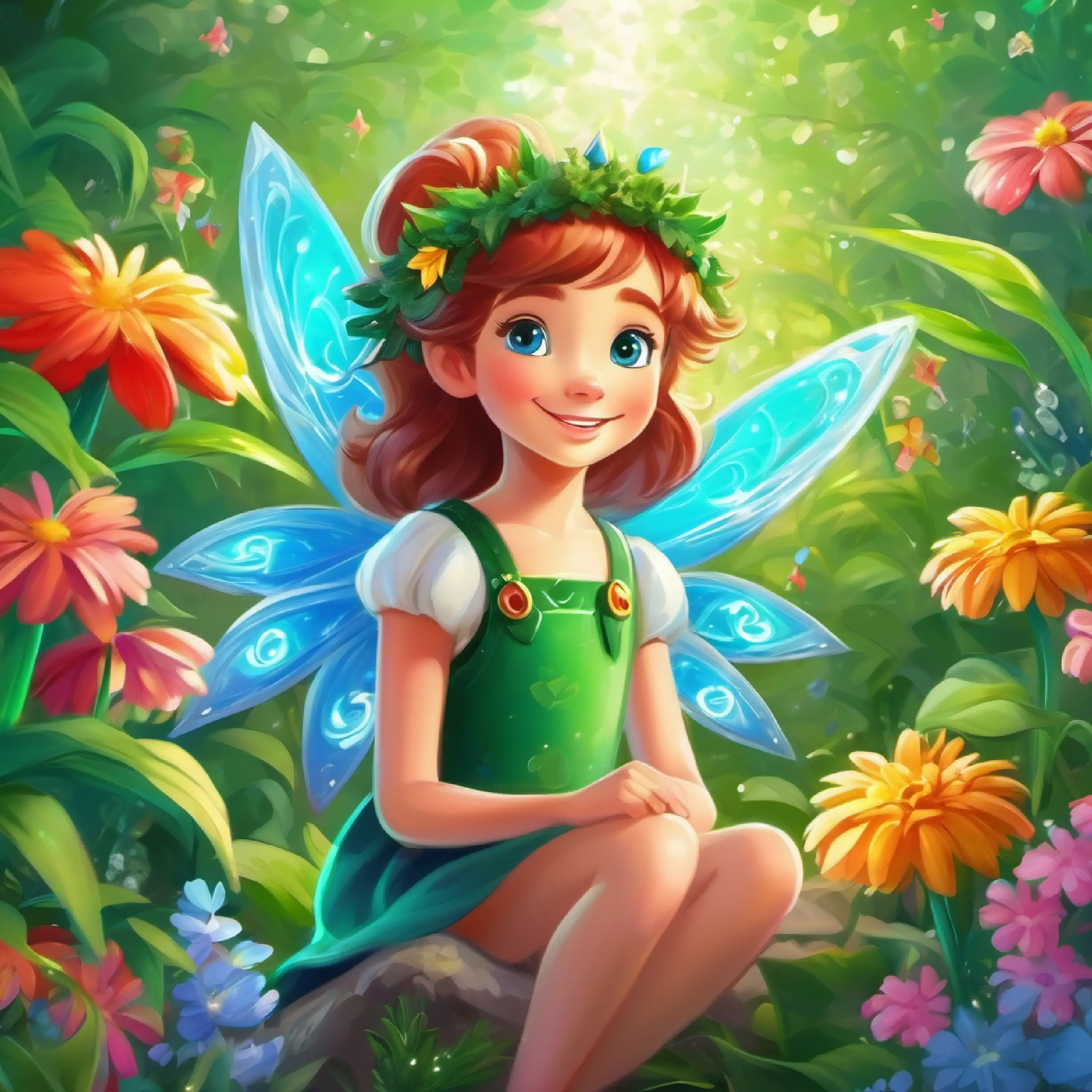 Introduction to Small fairy with sparkling green wings, radiant smile, blue eyes in Fairyland, helping flowers grow.