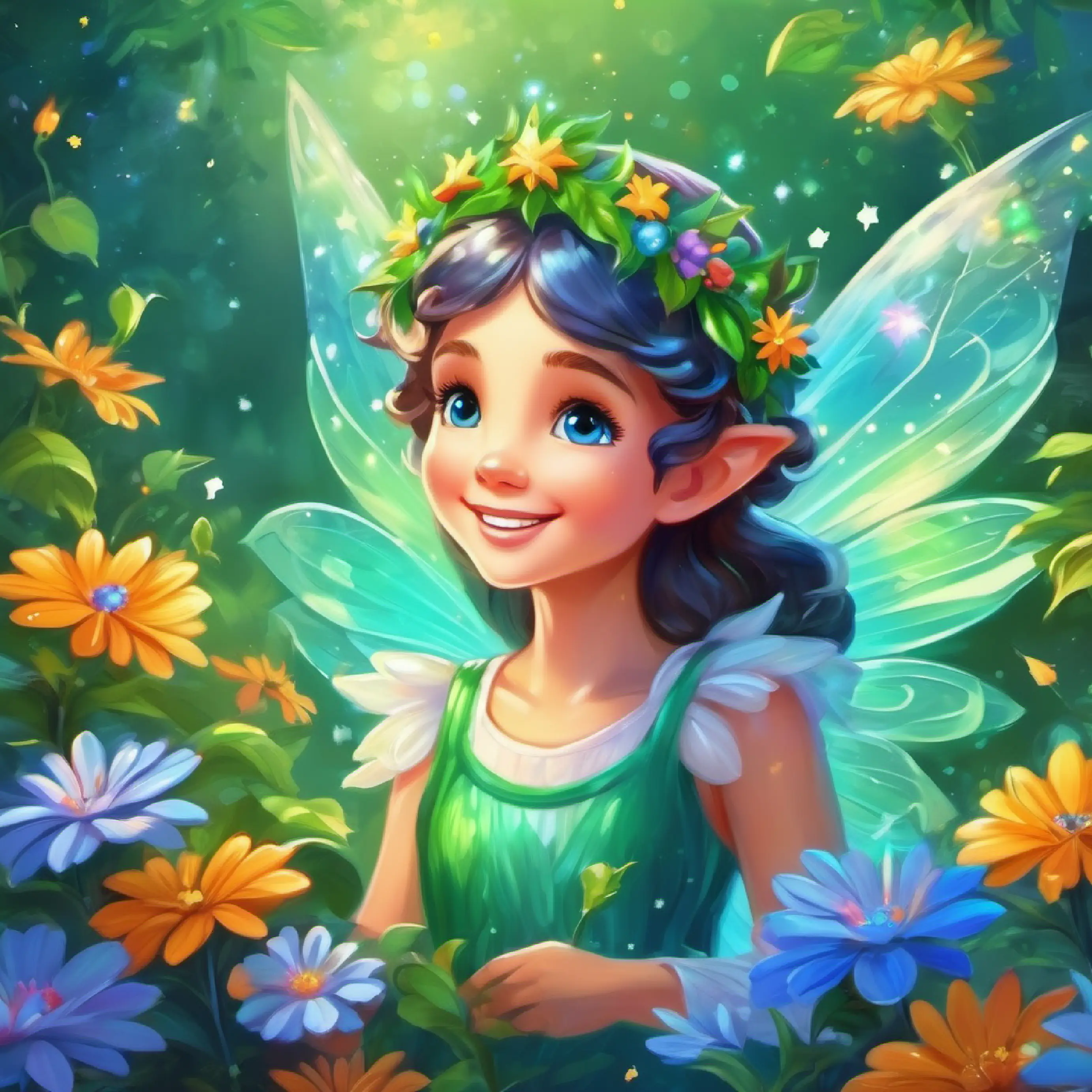 Small fairy with sparkling green wings, radiant smile, blue eyes greets and tends to the flowers in Fairyland.