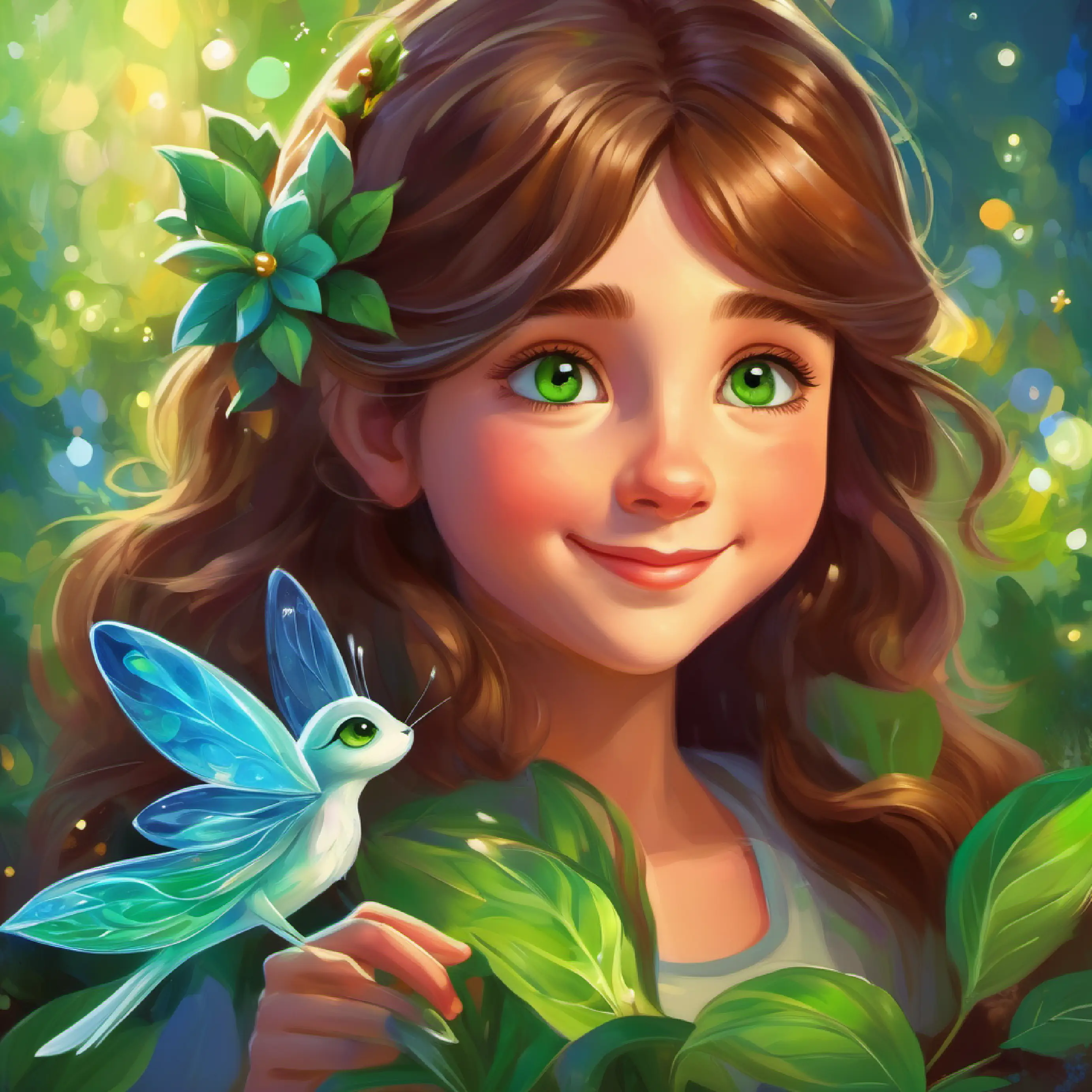 Curious girl with long brown hair, green eyes, hopeful expression tends her flower and remembers Small fairy with sparkling green wings, radiant smile, blue eyes's help fondly.