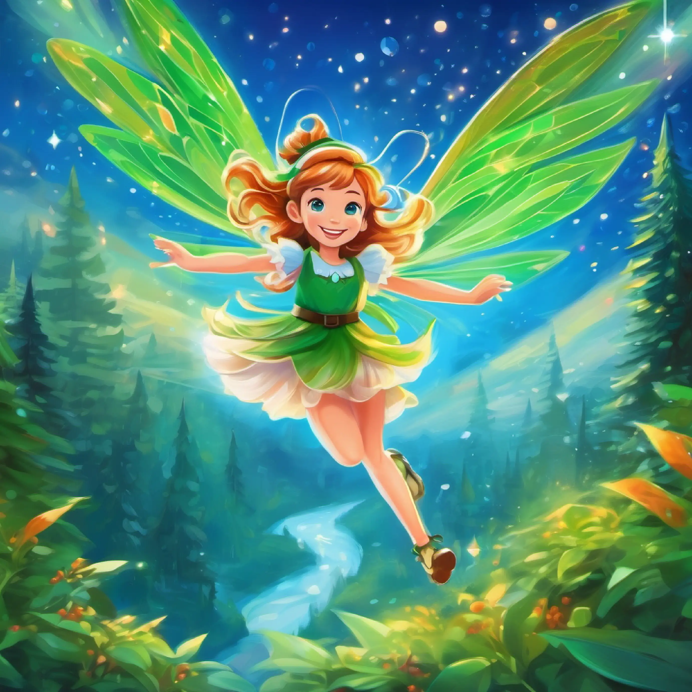 Small fairy with sparkling green wings, radiant smile, blue eyes flies off to new adventures, content with her work.